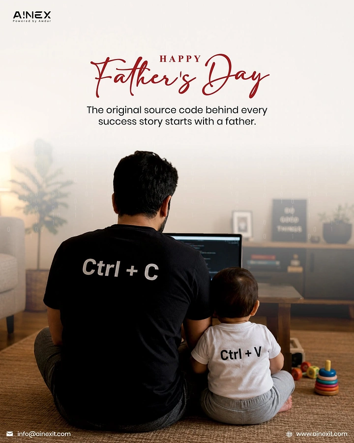 Father's Day creative ad: Father and baby from behind in matching Ctrl+C / Ctrl+V tees at a laptop