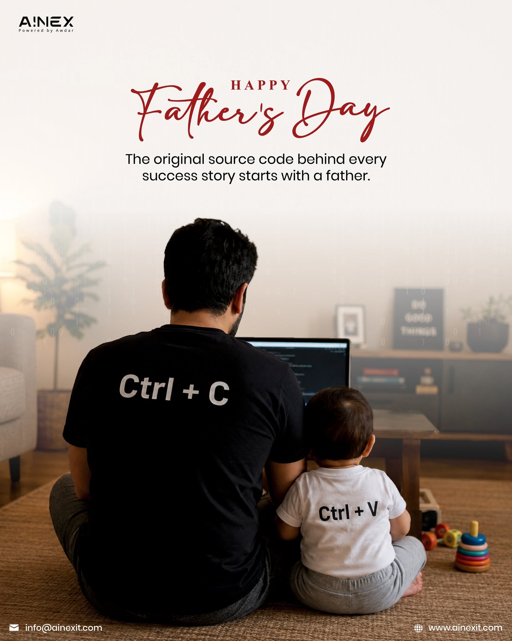 Father and baby from behind in matching Ctrl+C / Ctrl+V tees at a laptop