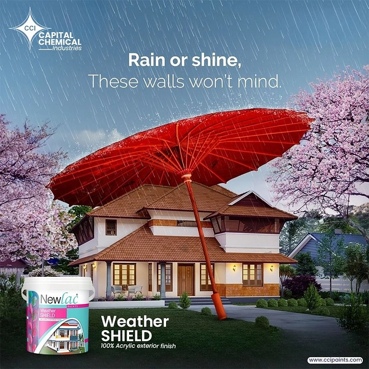 House Painters creative ad: Red umbrella shields house: weatherproof paint metaphor