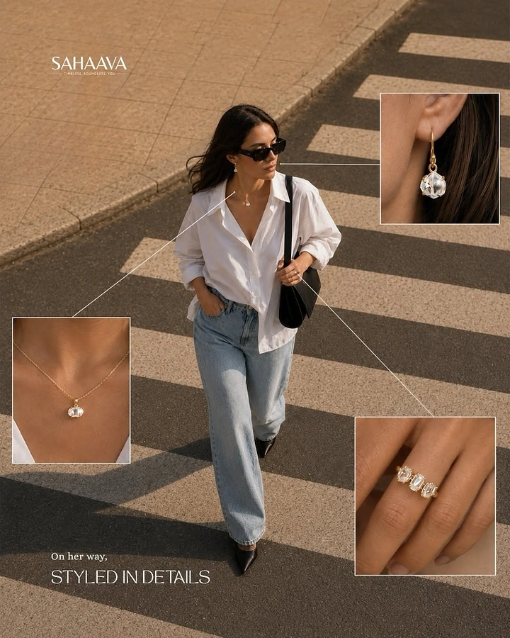 Jewellery creative ad: Woman in white shirt and jeans crossing a street, with jewelry close-up callouts