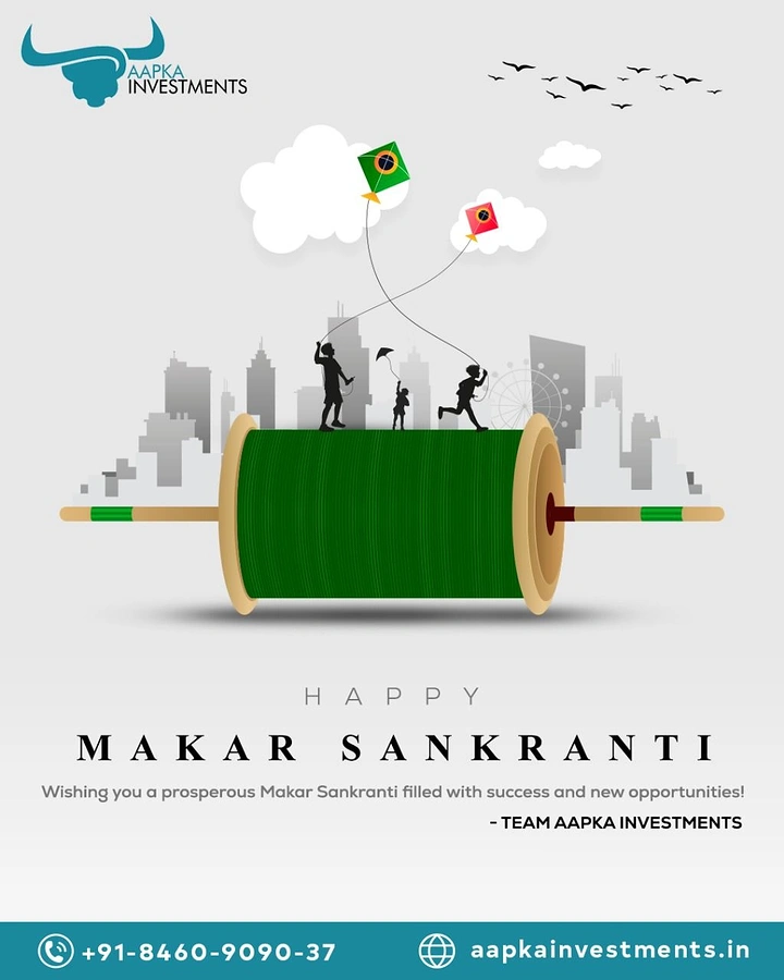 Makar Sankranti creative ad: Giant green kite-string spool with silhouetted children flying kites on top