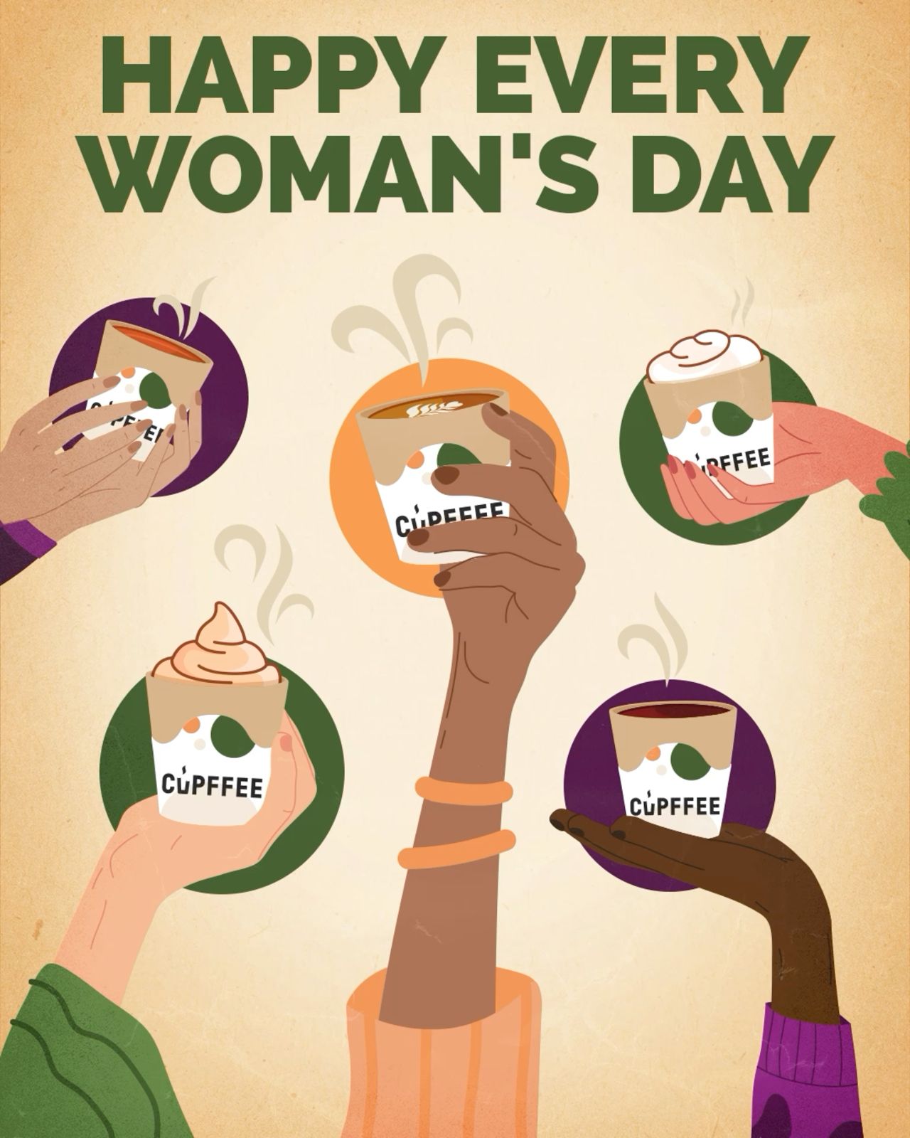 Women's Day Instagram post: Diverse women's hands raising branded coffee cups