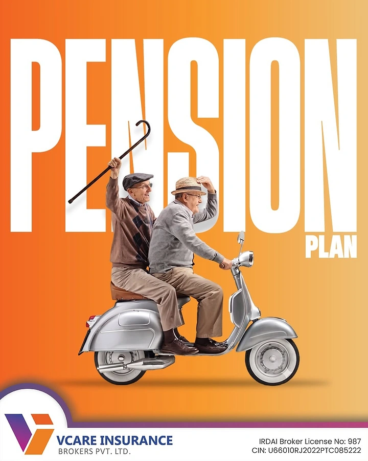 Insurance creative ad: Two cheerful elderly men riding a silver vintage scooter