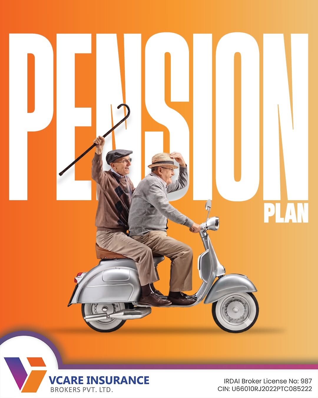 Carousel: Two cheerful elderly men riding a silver vintage scooter, slide 1
