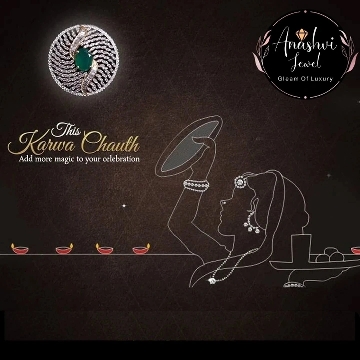 Karwa Chauth creative ad: Diamond emerald pendant posed as the moon above line-art woman holding sieve
