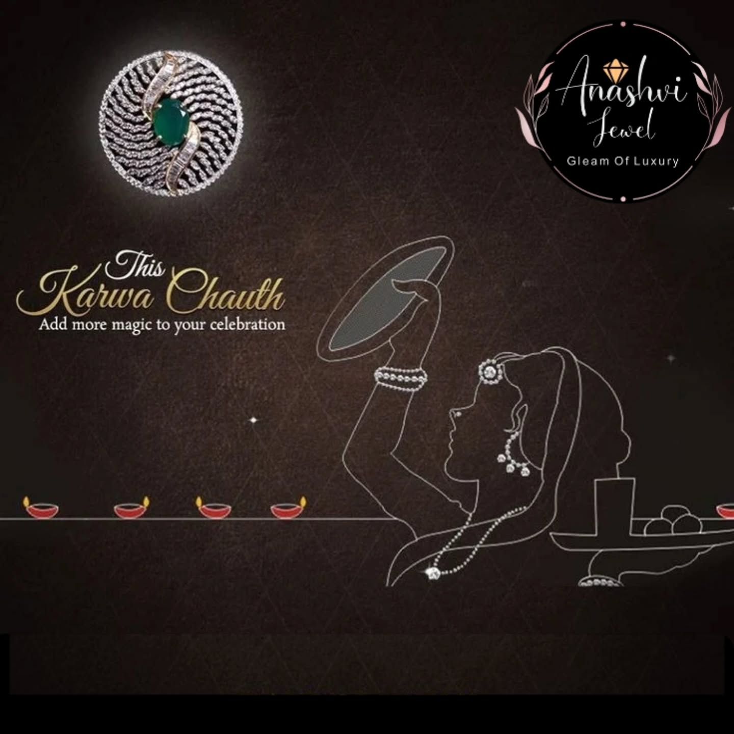Diamond emerald pendant posed as the moon above line-art woman holding sieve