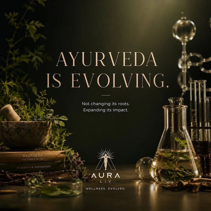 Creative ad: Ayurvedic herbs meeting laboratory glassware on a dark tabletop