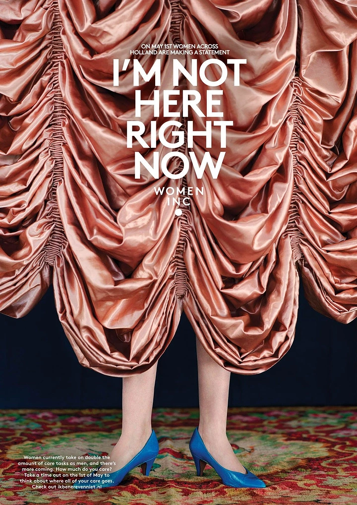 Nonprofit & Social Cause creative ad: Woman hidden under a voluminous ruched pink satin dress, only legs and blue heels visible