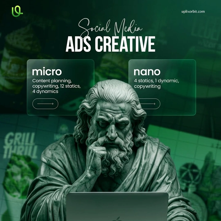 Agency creative ad: Thinker statue at laptop, glass pricing cards