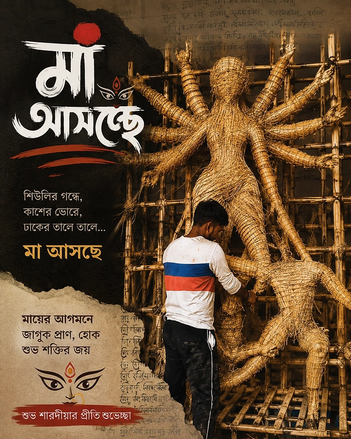 Durga Puja creative ad: Artisan building the straw frame of a ten-armed Durga idol