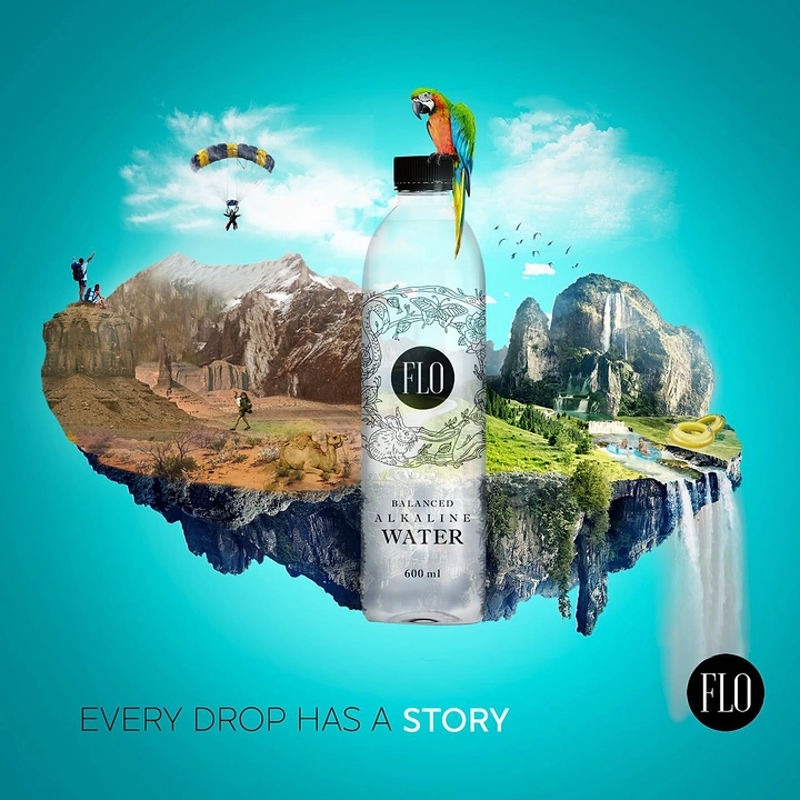 Packaged Drinking Water creative ad: Landscape world emerges from bottle