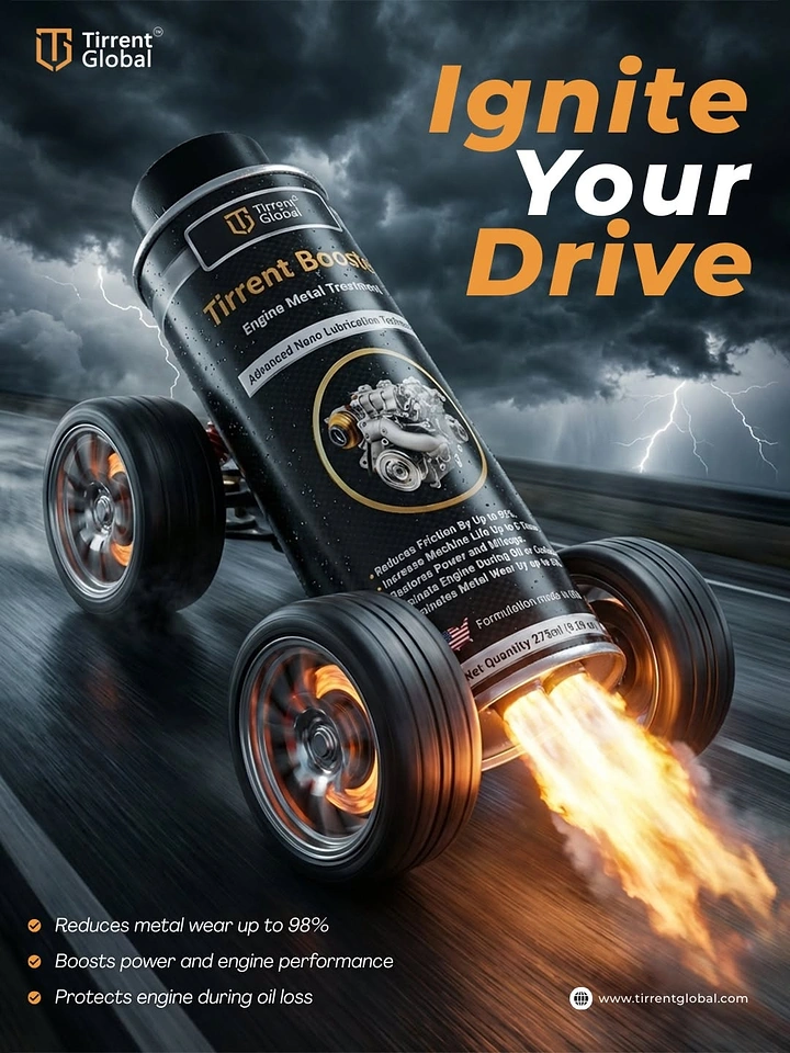Engine Oil & Lubricants creative ad: Oil bottle becomes rocket-powered tires