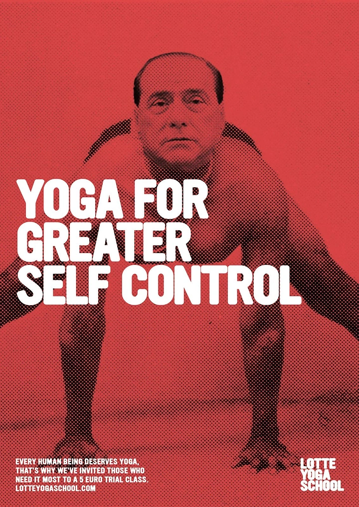 Yoga Studios creative ad: Bald older man's face composited onto a figure in a crouching yoga pose