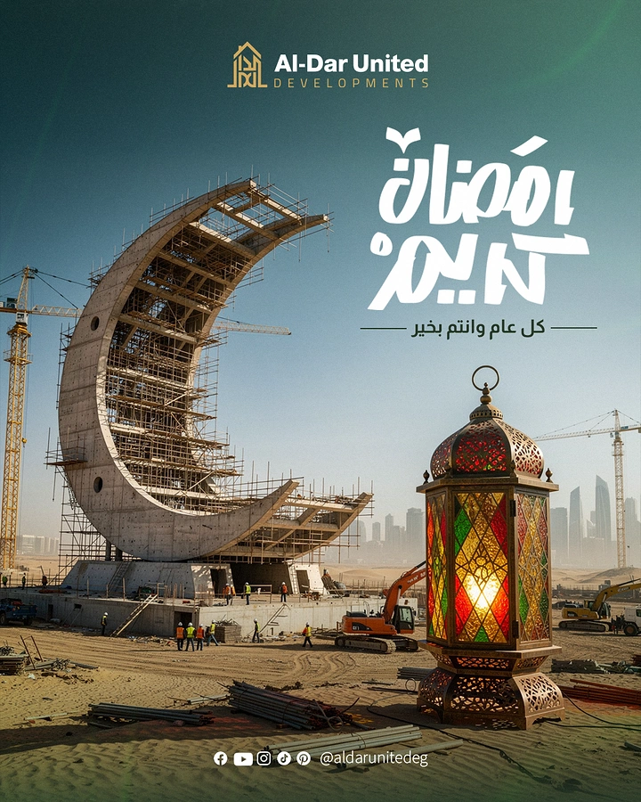 Ramadan creative ad: Crescent-moon building under construction with a glowing lantern