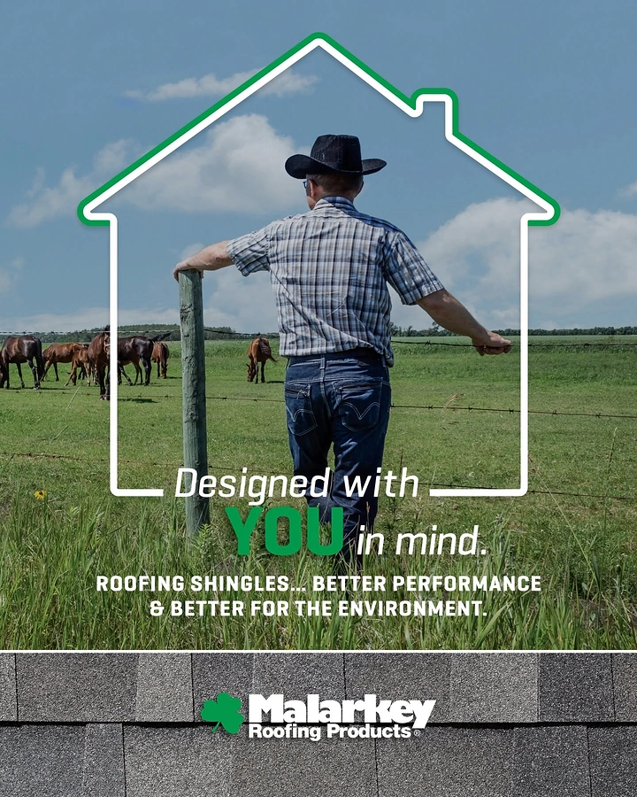 Roofing creative ad: House outline framing farmer, 'designed with you'