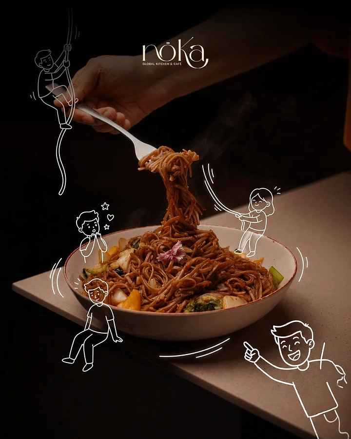 Instant Noodles & Pasta Brands creative ad: Illustrated diners create a distinctive sharing scene