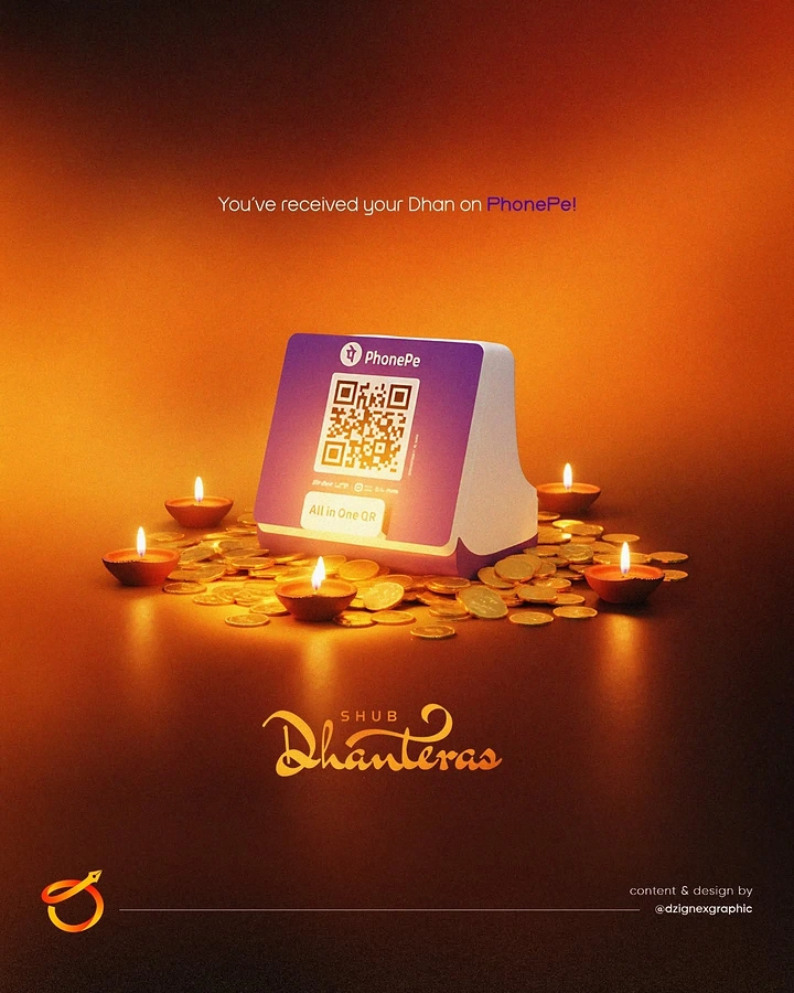 Dhanteras creative ad: Payment QR stand on a pile of gold coins surrounded by lit diyas