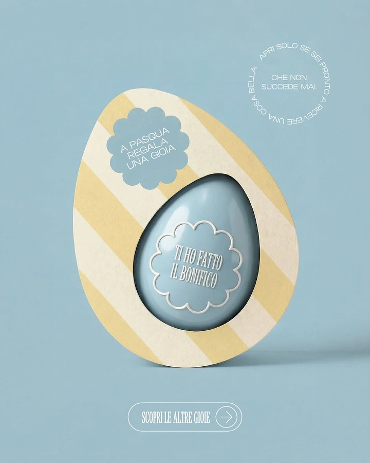 Easter creative ad: Striped die-cut egg card revealing a glossy powder-blue egg