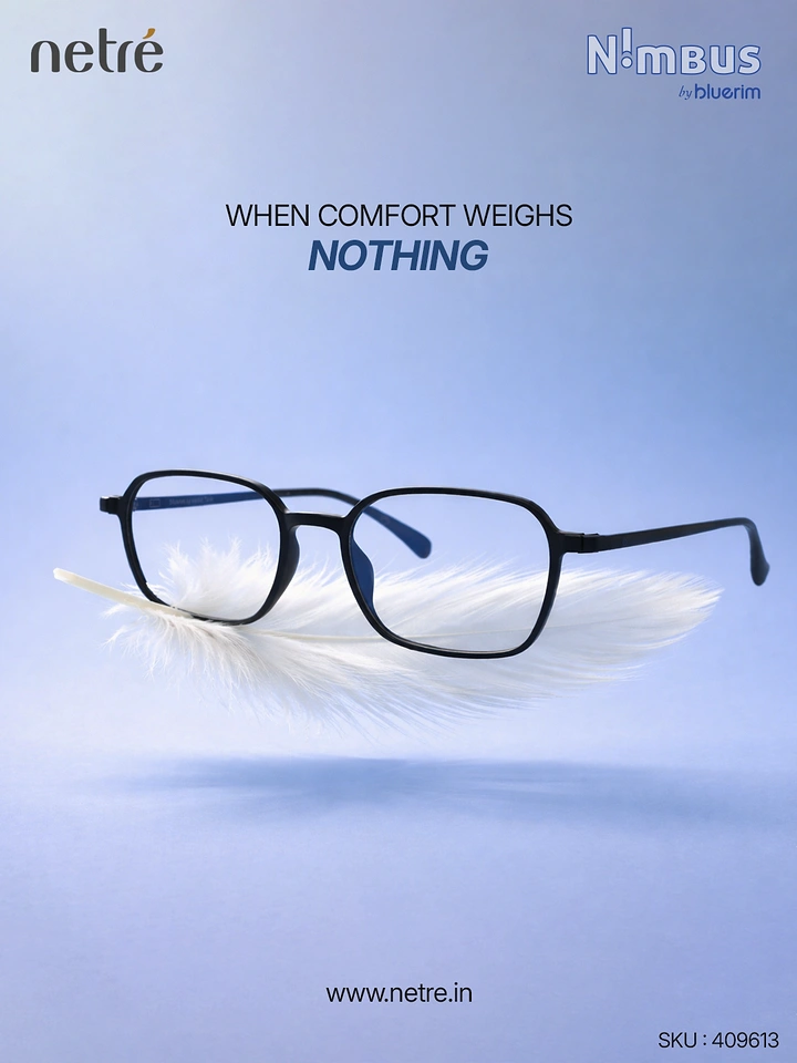 Opticians & Eye Care creative ad: Frames on feather, weightless comfort metaphor