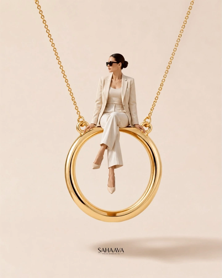 Fashion creative ad: Woman in a cream suit sitting on a giant gold ring pendant