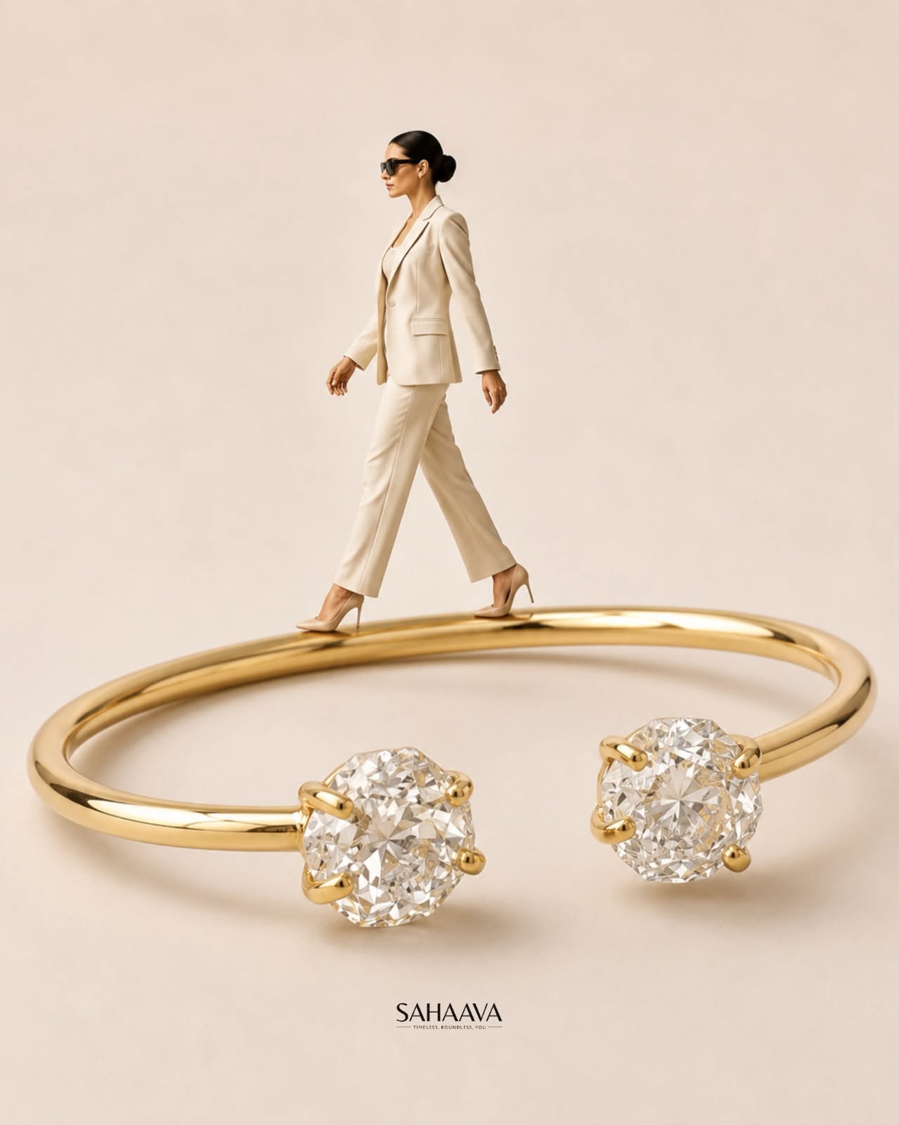 Woman in a cream suit sitting on a giant gold ring pendant