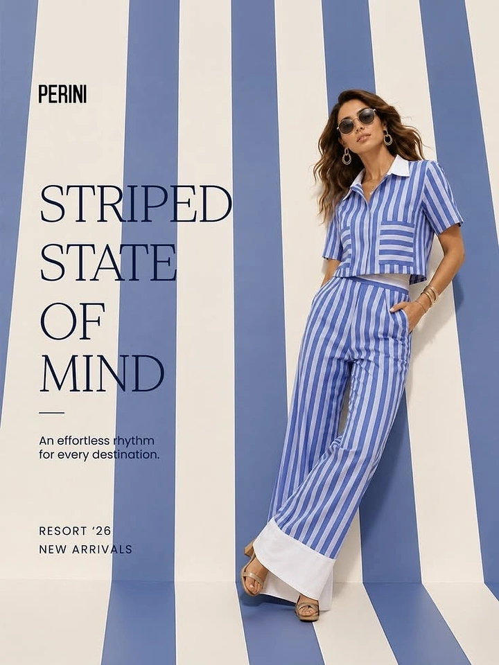 Creative ad: Model in blue-white striped co-ord against matching striped set