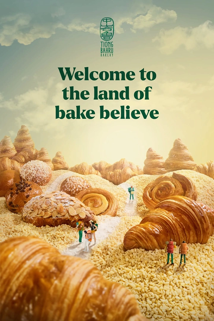 Creative ad: Miniature hikers in a landscape made of pastries