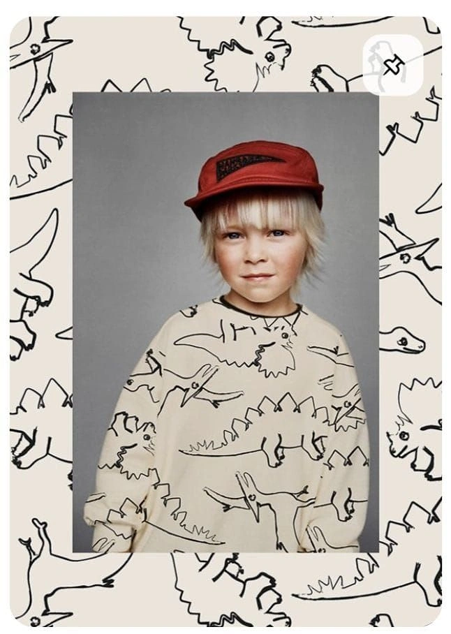 Kids Clothing creative ad: Dino print extends from sweater to frame