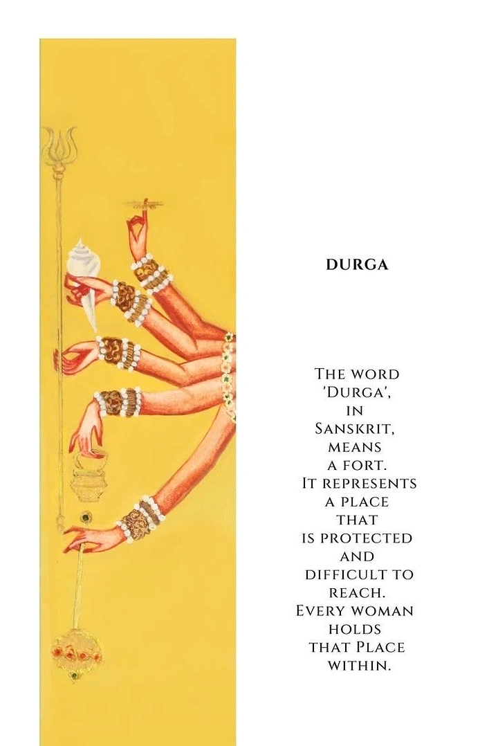 Navratri creative ad: Durga's many arms holding weapons on a yellow panel