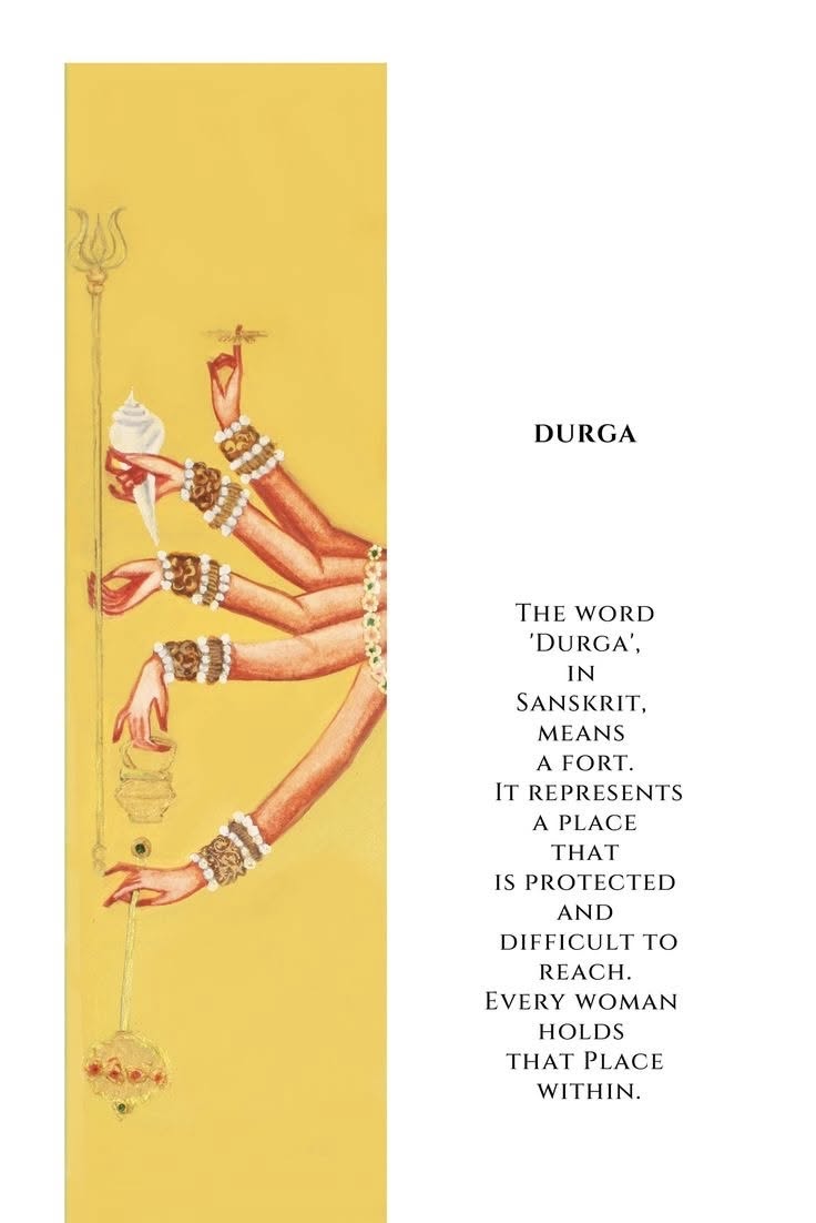 Durga's many arms holding weapons on a yellow panel
