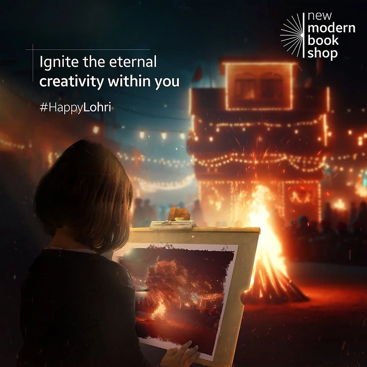 Lohri creative ad: Child painting a Lohri bonfire on an easel at night
