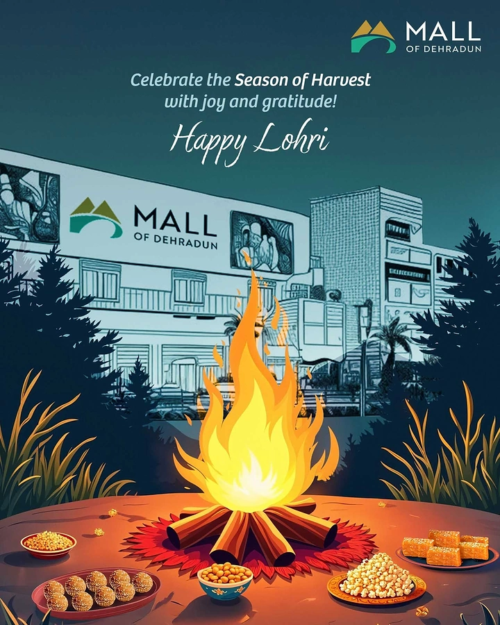 Lohri creative ad: Illustrated bonfire with Lohri snacks in front of a sketched mall
