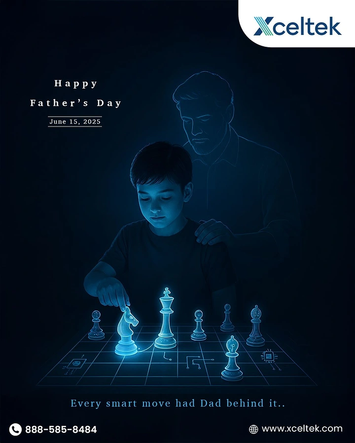 Father's Day creative ad: Boy playing glowing chess with a translucent father's hand on his shoulder