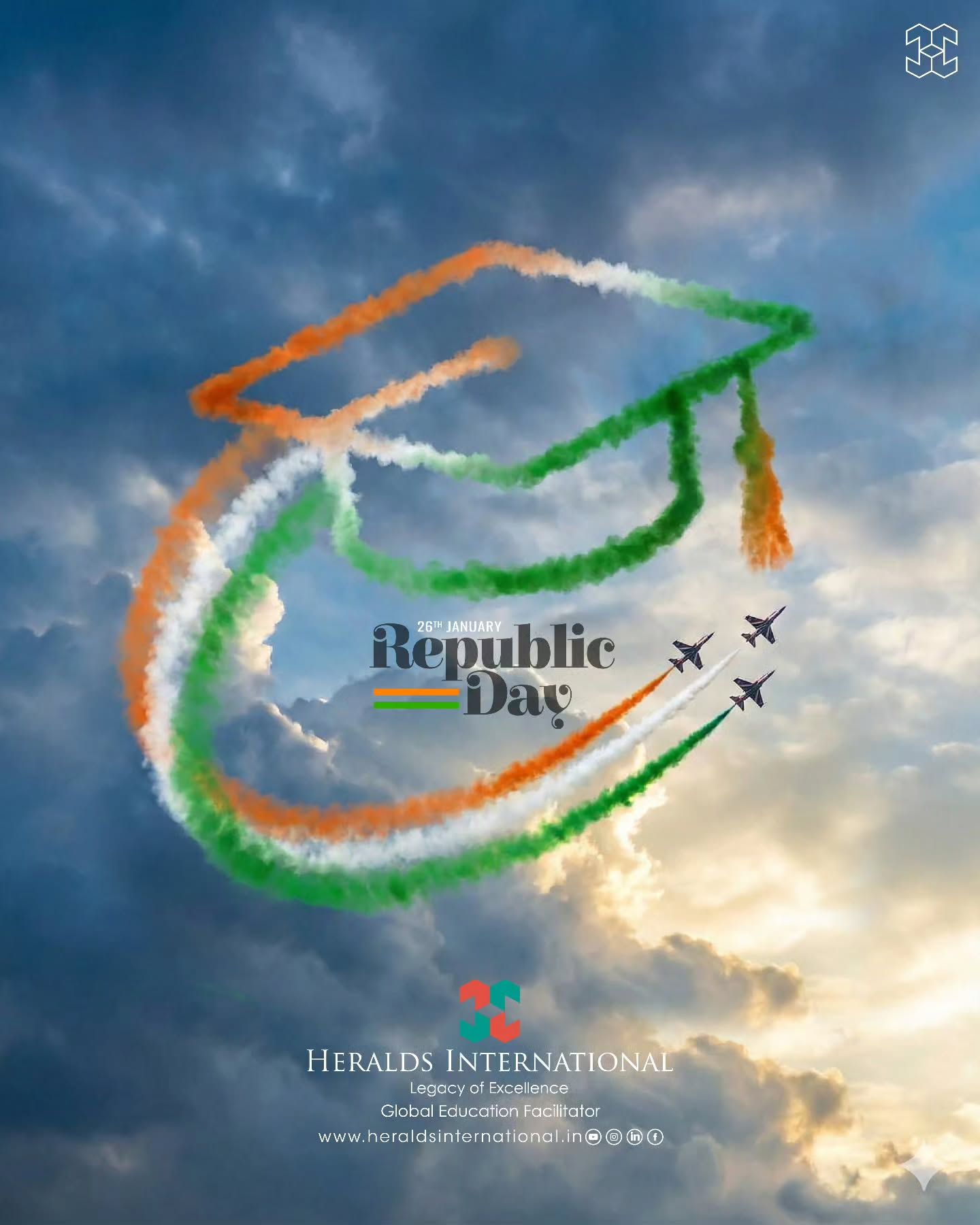 Republic Day Instagram post: Tricolour jet smoke trails forming a graduation cap in a cloudy sky