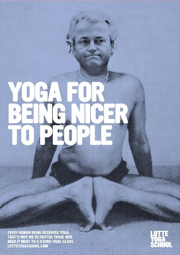 Yoga Studios creative ad: Halftone photo of a shirtless man in a seated bound-angle yoga pose