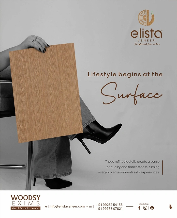 Carpenters & Woodwork creative ad: Veneer sheet held as fashion accessory