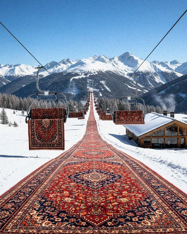 Rugs & Carpets creative ad: Carpet runner becomes a ski-resort pathway