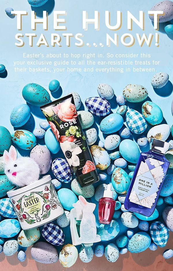 Easter creative ad: Flat lay of body care products and candles on a bed of pastel speckled Easter eggs