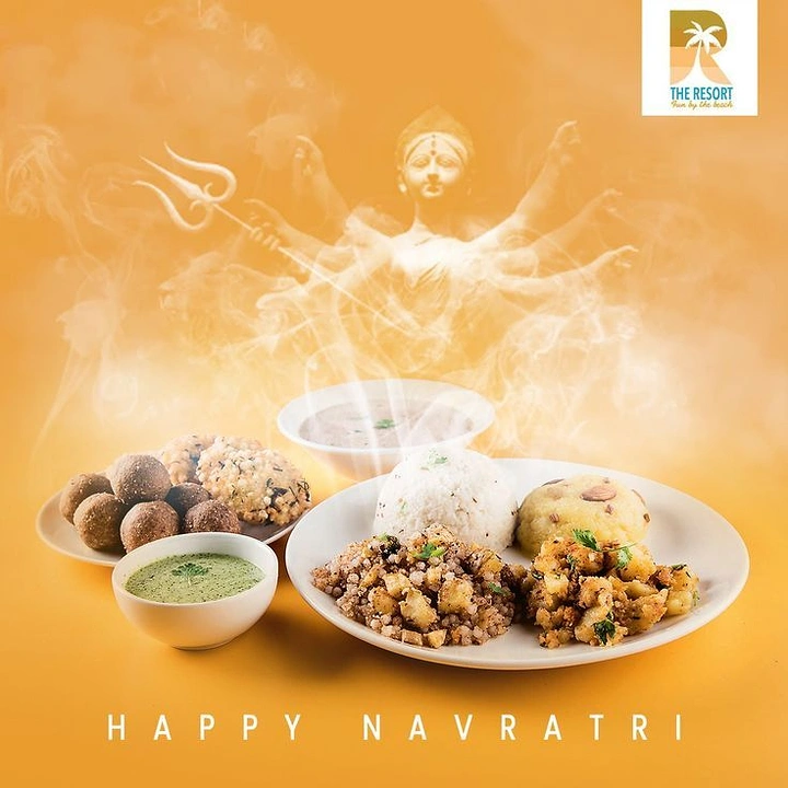 Navratri creative ad: Navratri fasting food platter with Durga figure formed from steam