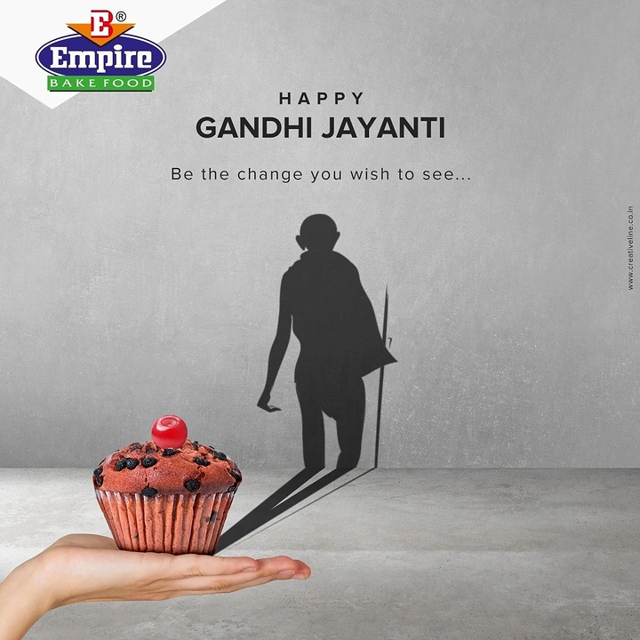 Gandhi Jayanti creative ad: Cupcake on open palm casting a shadow of Gandhi walking