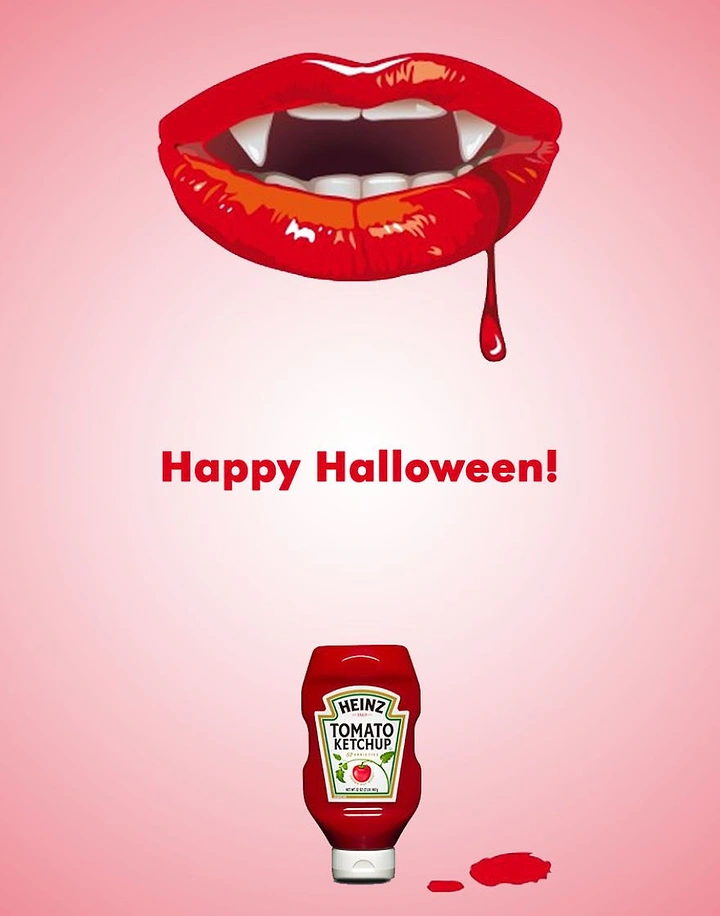 Halloween creative ad: Glossy vampire lips dripping red above an upside-down ketchup bottle