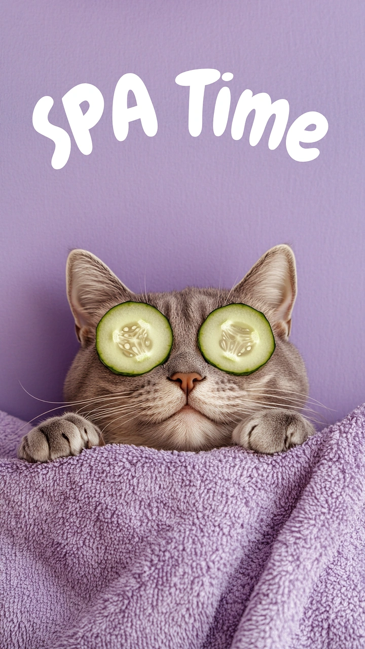 Pet Grooming creative ad: Cat with cucumber eyes spa pun