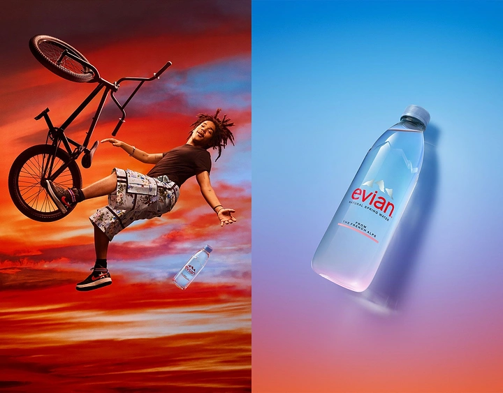 Packaged Drinking Water creative ad: Split sports action and product worlds