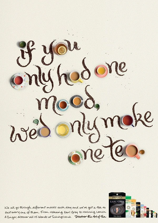 Tea & Chai Brands creative ad: Handwritten headline formed from loose tea leaves, with teacups seen from above standing in for letters
