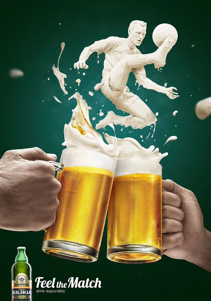 Creative ad: Two beer mugs clinking, foam splashing into a footballer figure
