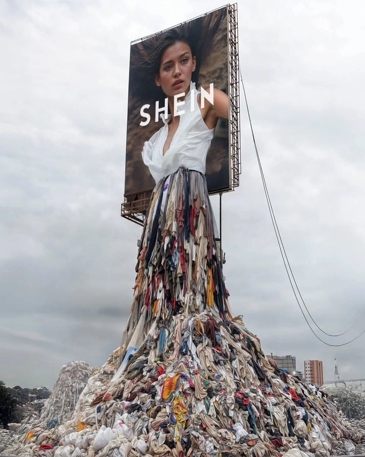 Nonprofit & Social Cause creative ad: Billboard model whose white dress spills down into a mountain of discarded clothing