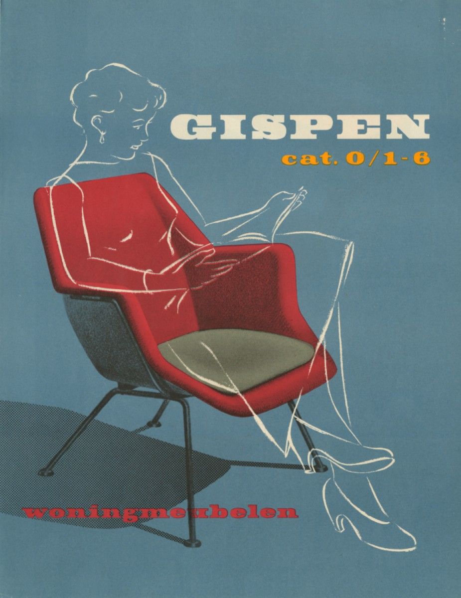 Poster: Red mid-century armchair with a line-drawn seated woman