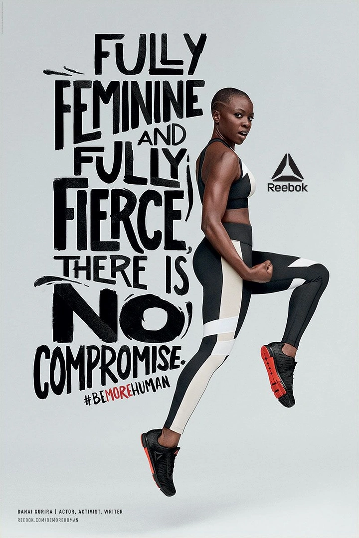 Gym & Fitness creative ad: Female athlete mid-leap in black-and-cream activewear