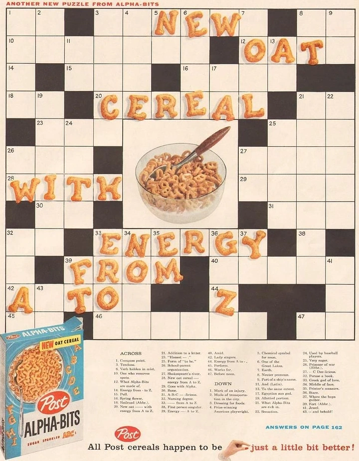 Breakfast Cereals & Oats creative ad: Crossword puzzle turns cereal message playful