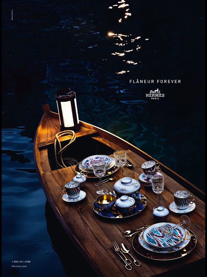 Tableware & Crockery creative ad: Dramatic boat dining creates distinctive world